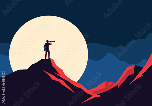 A solitary figure stands atop a rocky summit gazing into the distance with a telescope under a massive full moonlit sky