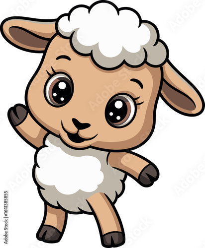 Friendly cartoon lamb with fluffy white wool, beige face and legs, big eyes, waving front leg, cheerful farm animal character, isolated illustration