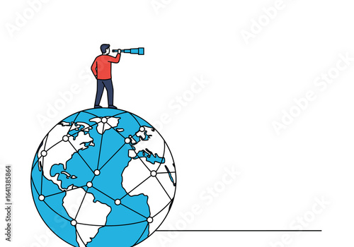 Man standing on top of the world looking through a spyglass discovering new horizons and opportunities