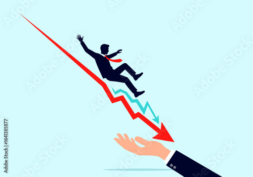 Businessperson falling downward trend line receiving help from helping hand in financial crisis