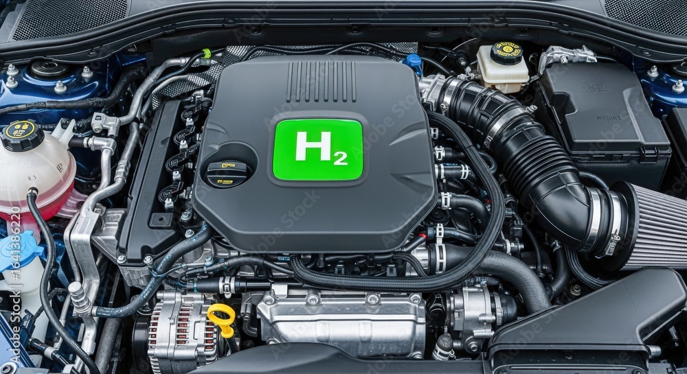 Fototapeta premium Hydrogen Powered Engine Compartment Displaying H2 Symbol, Automotive Innovation and Sustainable Energy Solutions