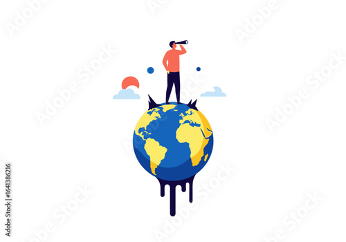 Person standing on a melting planet earth looking through a telescope at the sun and clouds exploring the future of our world