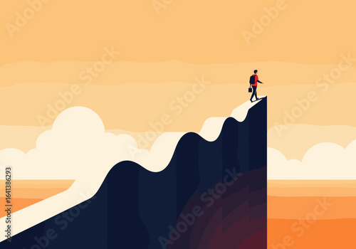 A lone hiker bravely ascends a treacherous mountain path towards a bright, cloud-filled horizon symbolizing ambition and achievement