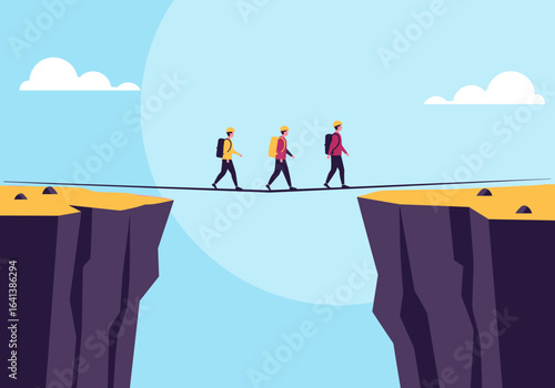 Three hikers bravely cross a narrow rope bridge spanning a vast canyon under a bright blue sky with fluffy clouds