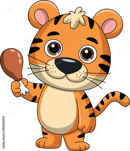 Orange cartoon tiger with black stripes, beige belly and snout, pink ears, tuft of hair, holding drumstick, cheerful jungle animal illustration