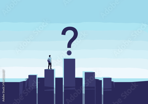 A person stands on a bar chart looking at a question mark symbol above a chasm representing uncertainty and risk