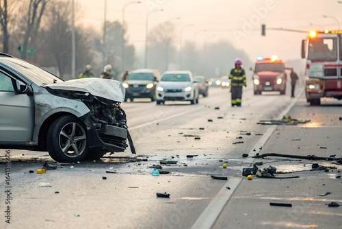 A car accident scene with damaged vehicles and debris on the road.