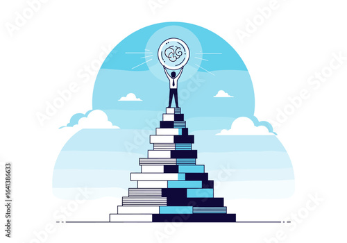 Person climbing staircase of books to reach a lightbulb idea symbolizing knowledge and innovation