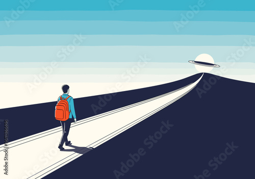 Young traveler with backpack walks towards distant airplane on a bright sunny day with clear blue sky