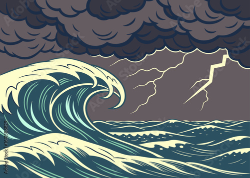 Turbulent Ocean: An illustrated depiction of a powerful ocean, with crashing waves and a dramatic sky, representing the raw power of nature.