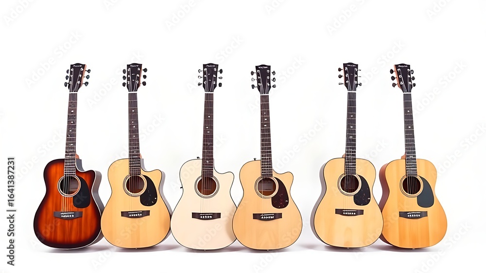 Fototapeta premium Six acoustic guitars arranged in a row on white, professional and clean composition.