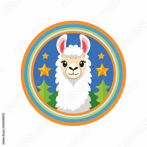 A vibrant circular illustration featuring a friendly llama surrounded by nature elements