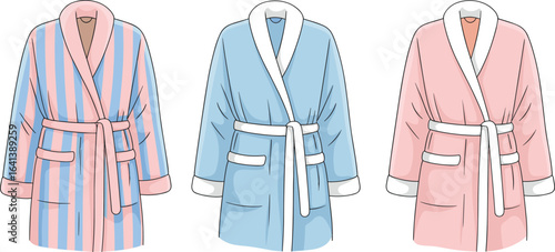 Vector bathrobe fashion flat sketch, pastel pink and blue robes design, cozy sleepwear template for clothing illustration and apparel mockup