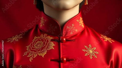 Silk qipao collar embroidered with peony and star patterns, showcasing ceremonial elegance.