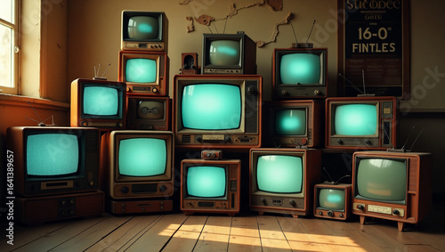 A Nostalgic Stack of Vintage CRT Television Sets in Various Retro Colors and Designs