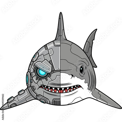 Aggressive cyborg shark with a robotic half. A futuristic concept of biomechanical engineering and marine life.