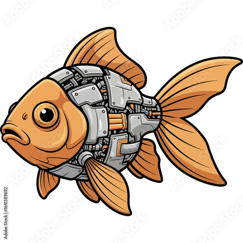 Futuristic cyborg goldfish illustration with detailed mechanical parts, representing a bionic aquatic pet concept.