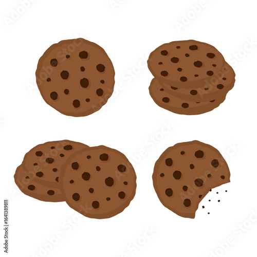 Cute chocolate chip cookie set. Flat hand drawn food pattern design vector illustration for print.