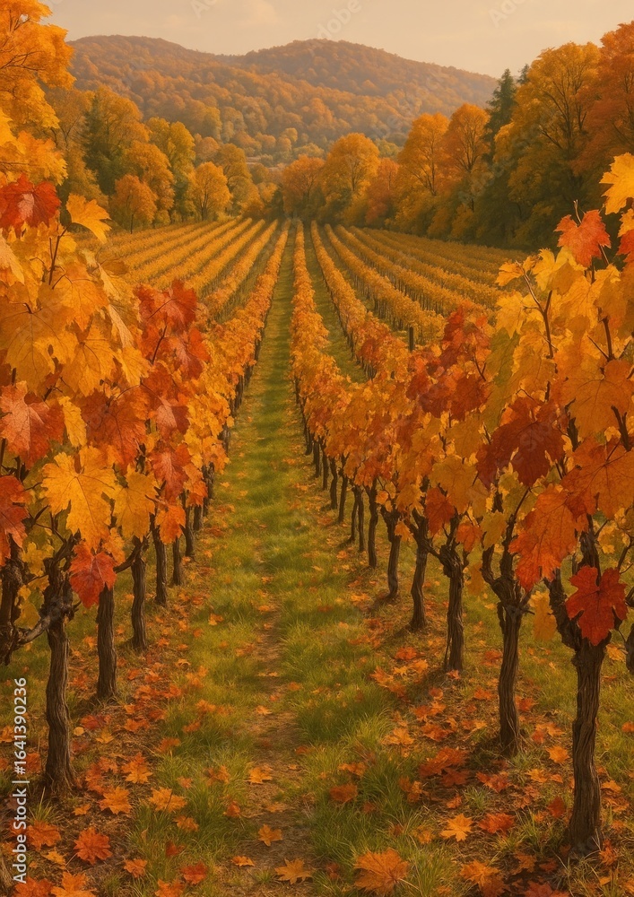 Fototapeta premium Vibrant autumn vineyard landscape scene.