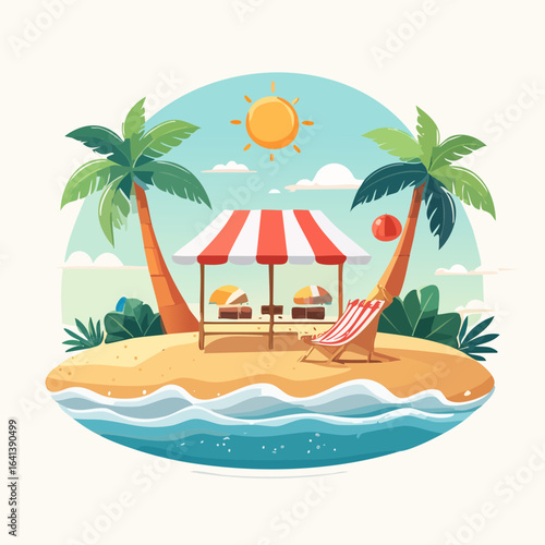Cartoon beach scene with a striped cabana and palm trees on a sunny day