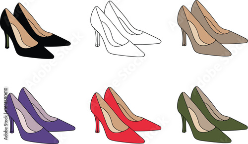 Vector illustration of high heel shoes set, colorful women’s footwear, fashion accessory collection, elegant pumps for stylish female outfits
