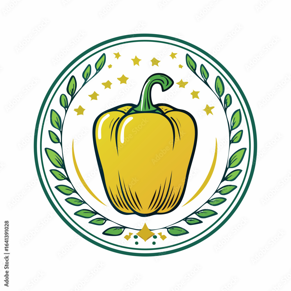 Obraz premium Vibrant yellow bell pepper emblem surrounded by leaves and stars in a circular design