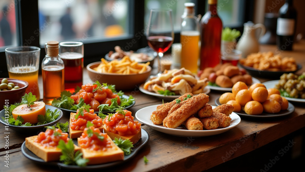 An Appetizing Display of Spanish Pinchos and Tapas on Wooden Planks With Colorful Garnishes An Appetizing Display of Spanish Pinchos and Tapas on Wooden Planks With Colorful Garnishes