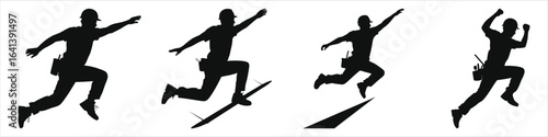 Silhouette Sequence of Construction Worker Jumping Over Obstacle in Safety Helmet with Tools – Dynamic Industrial Action Poses for Business Challenge, Achievement, and Teamwork Concepts