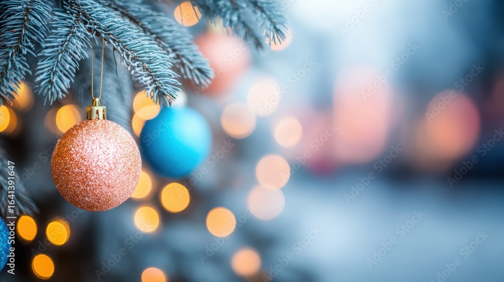 Obraz premium Colorful ornaments hanging on a frosty Christmas tree with holiday lights