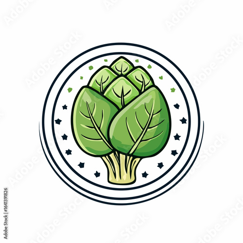 Stylized artichoke vegetable emblem with vibrant green leaves in a circular frame