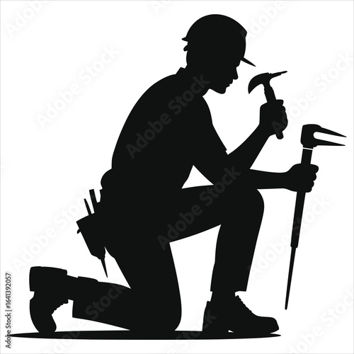 Kneeling construction worker silhouette holding hammer and jackhammer, hard hat and tool belt, black and white vector illustration of tradesman repairing foundation, demolition and construction scene.