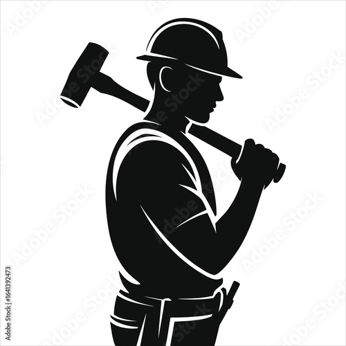 Silhouette of construction worker carrying sledgehammer over shoulder, wearing hard hat and tool belt, symbol of strength, labor, building, demolition, industrial work and skilled trades
