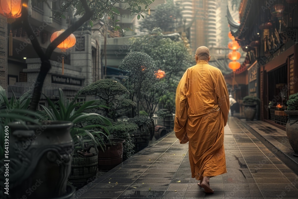 Naklejka premium Buddhist monk walks through a temple courtyard adorned with traditional lanterns and lush plants, embodying serenity and spirituality