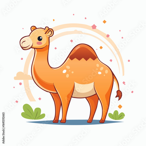Charming camel cartoon illustration in warm colors, creating a whimsical and inviting scene
