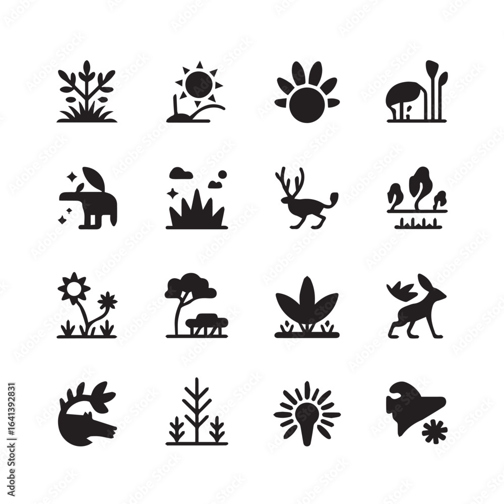Naklejka premium A collection of nature and animal themed glyph icons in black color design