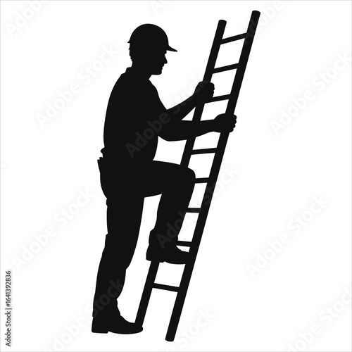 Silhouette of construction worker climbing ladder wearing hard hat, safety gear, and work boots, industrial maintenance, building inspection, repair job, professional tradesman 