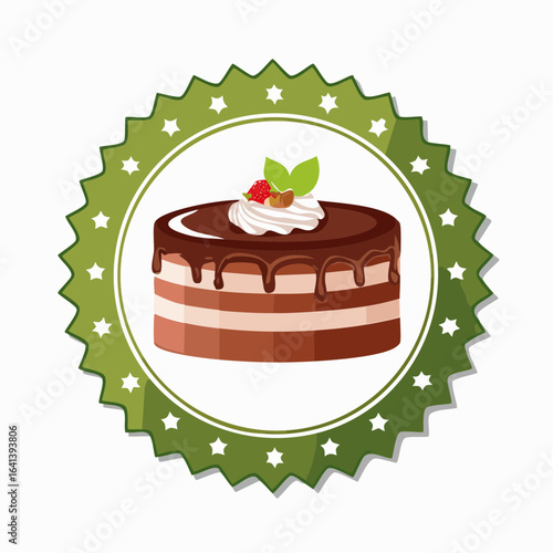 Delightful layered chocolate cake with cream and fruit topping emblem illustration