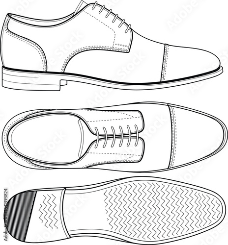 CAD drawing flat vector illustration of classic leather oxford dress shoes, side, top and sole view, detailed footwear design template.