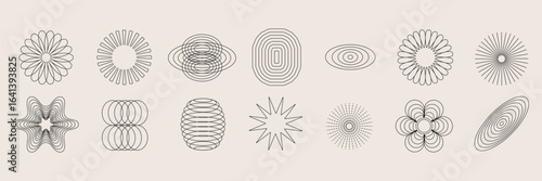 Abstract Geometric Line Art Shapes and Minimalist Pattern Elements in Modern Retro Style with Circles, Spirals, Waves, Stars, and Symmetry for Contemporary Graphic Design