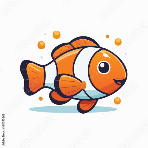Adorable clownfish cartoon character swimming cheerfully with orange bubbles around it