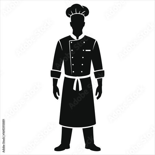 Chef silhouette in toque and apron: minimalist culinary icon for restaurant branding, kitchen safety, cooking classes, menu design, and food service marketing in a black and white vector illustration!