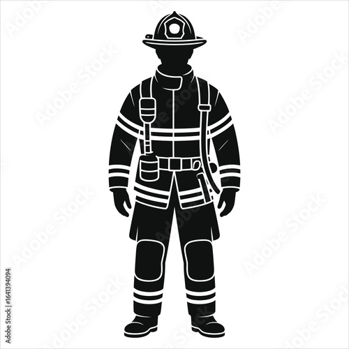 Firefighter silhouette in full turnout gear with helmet, reflective stripes and boots, emergency rescue illustration for safety training, public awareness campaigns, branding and visuals for safety ad