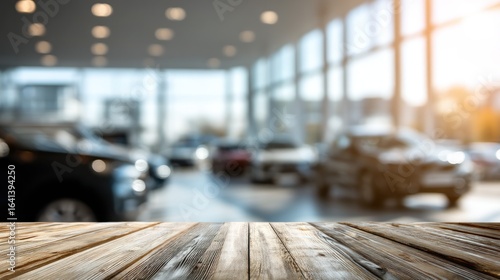 Wallpaper Mural Empty wooden table in front of car dealership Torontodigital.ca
