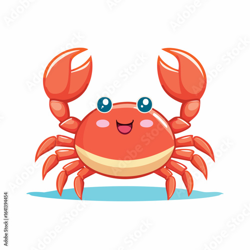 Cute cartoon crab with big claws smiling cheerfully on a watery background