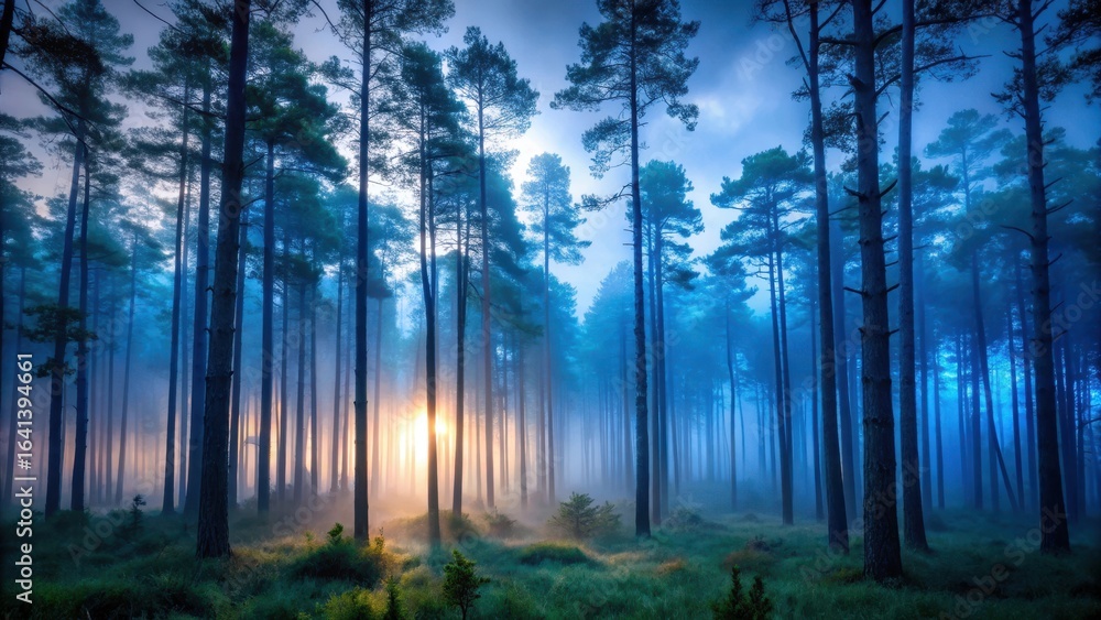Naklejka premium Moody forest at dusk with tall trees and mist, twilight, nature, twilight, nature