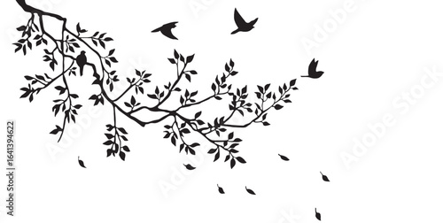 Elegant black silhouette tree branch with flying birds and falling leaves, minimalistic nature wall art, decorative vector illustration design