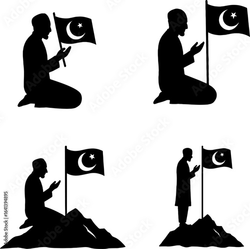 A Muslim Man Praying For Pakistan In Front Of Pakistan Flag in black and white silhouette asset with white background 
