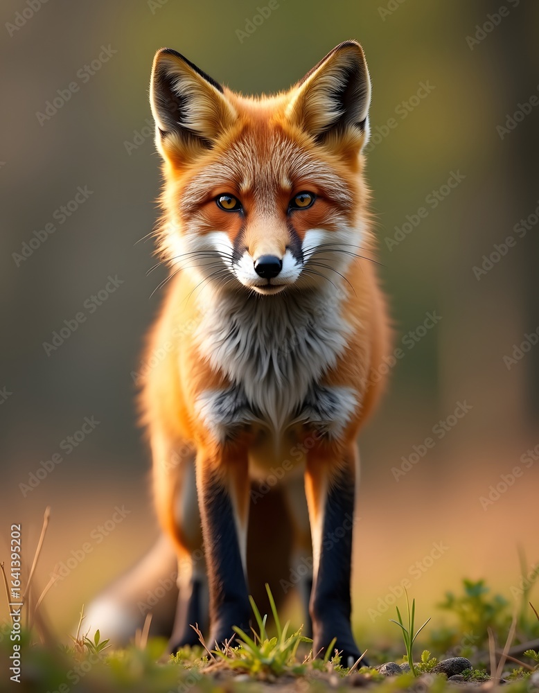 Fototapeta premium Red fox standing on green grass at sunset