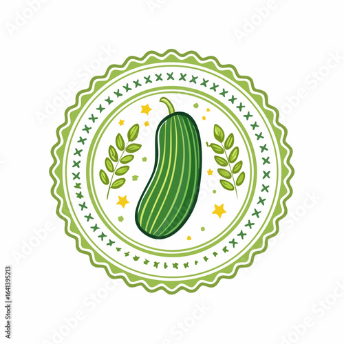 Stylized green zucchini illustration in decorative circular frame with plant accents