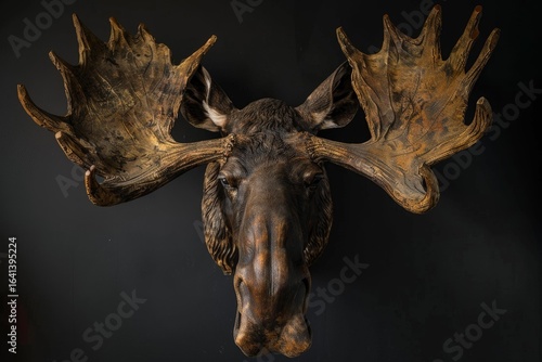 Moose head trophy with large antlers hanging on a black wall, representing hunting and wildlife